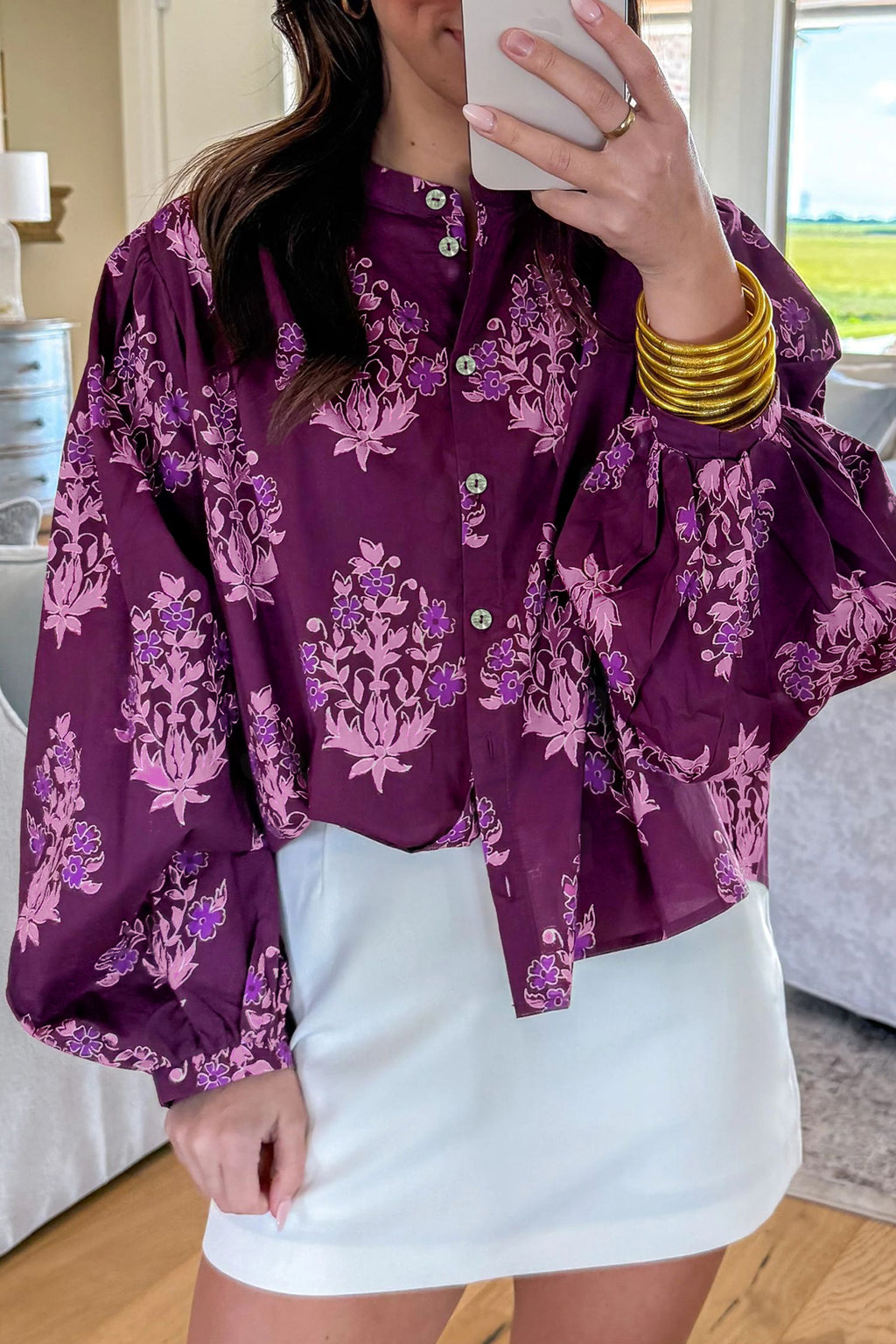 Purple Floral Button-Front Long Puff Sleeve Shirt