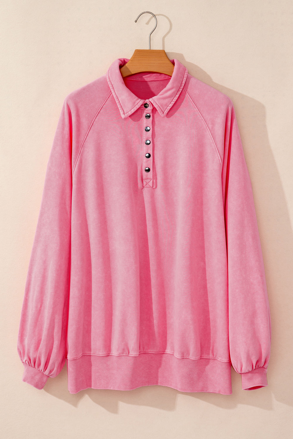 Pink Snap-Button Balloon-Sleeve Sweatshirt