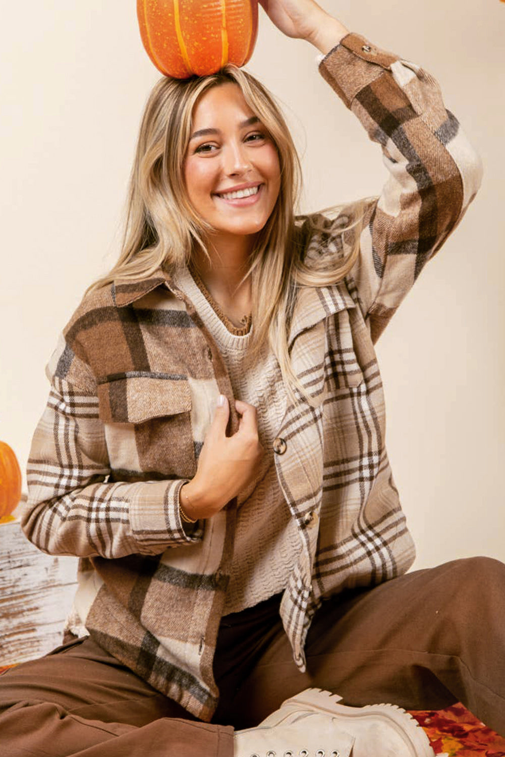 French beige flannel plaid shacket with double flap pockets, casual style, by Dear-Lover.