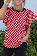Red Checkered Print Ruffle Short Sleeve Contrast Trim Round Neck Top