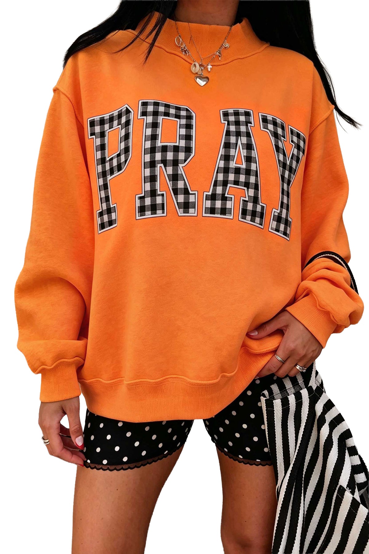 Polka dot embroidered mock neck sweatshirt from Dear-Lover with coffee PRAY design, casual stylish top for women.