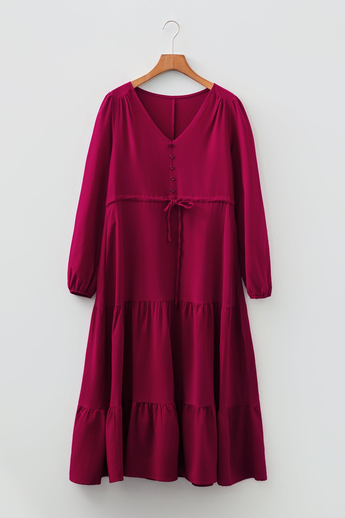 Burgund Long Sleeve V Neck Maxi Dress