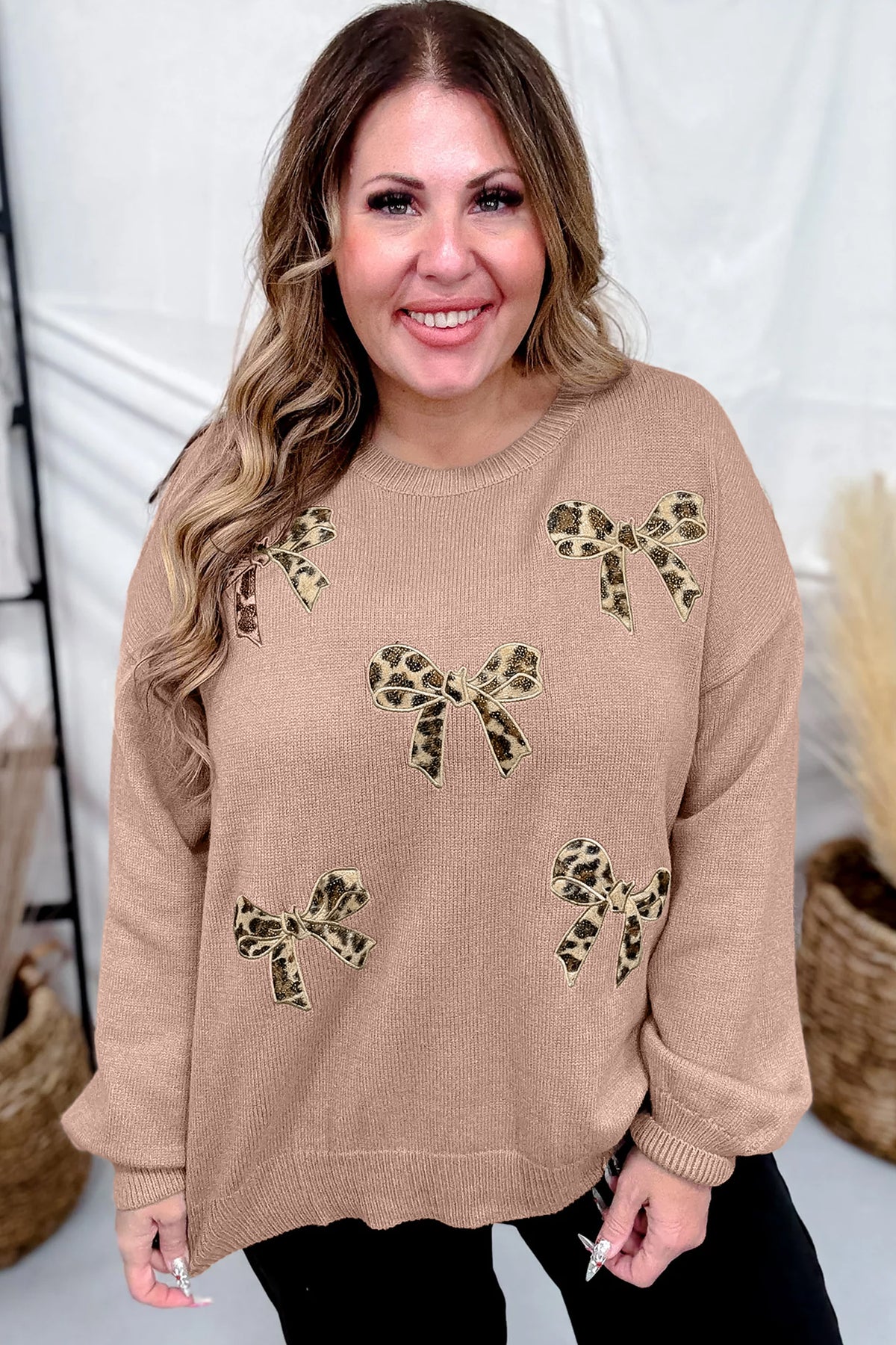 Dark khaki leopard bow embroidery plus size sweater with drop shoulder design by Dear-Lover, featuring a stylish tunic fit.