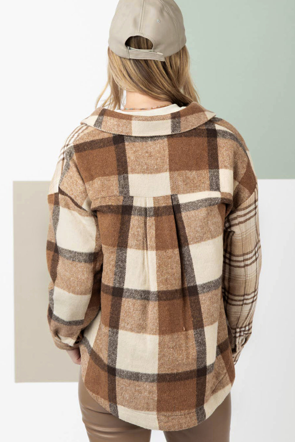 Light French beige flannel plaid shacket with double flap pockets, designed by Dear-Lover, perfect for casual layered outfits.