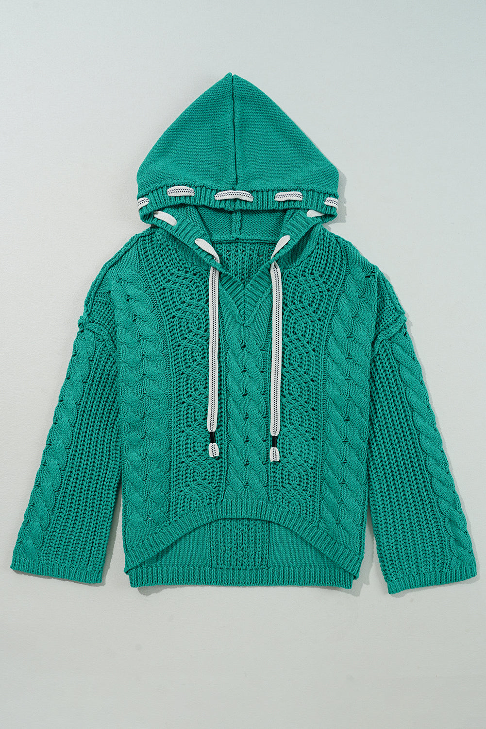 Sea Green Cable-Knit Hooded Sweater