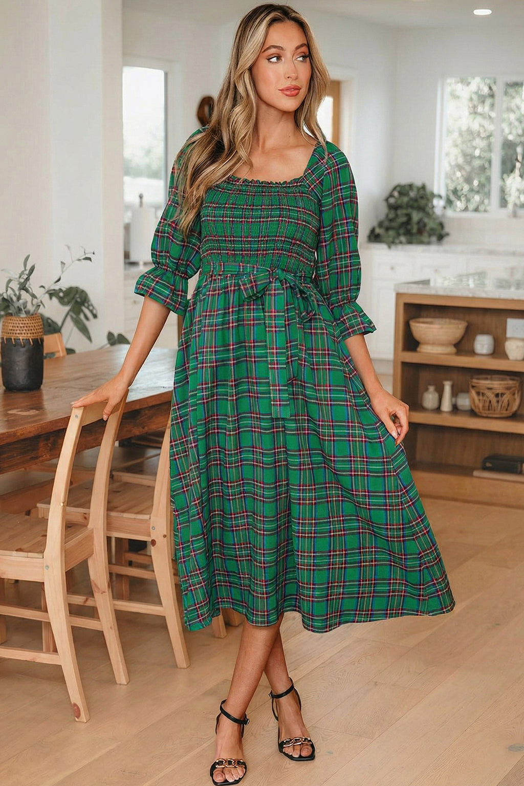 Plaid Puff Sleeve Midi Dress