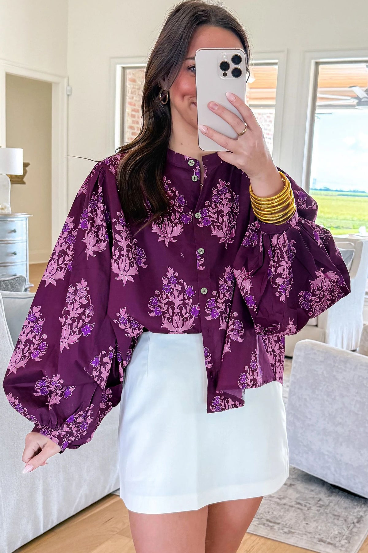 Purple Floral Button-Front Long Puff Sleeve Shirt