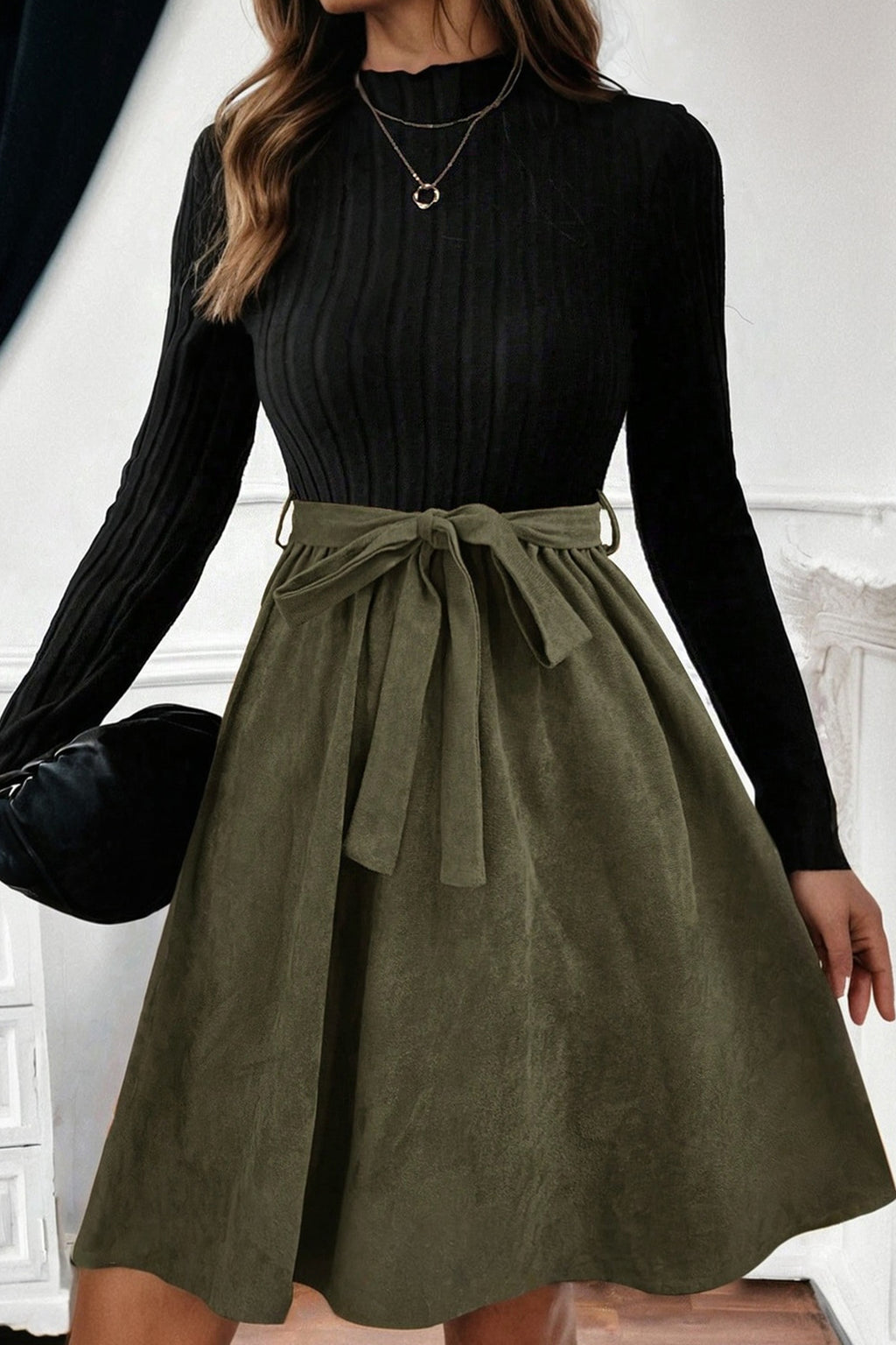 Black Ribbed Knit Belted Dress