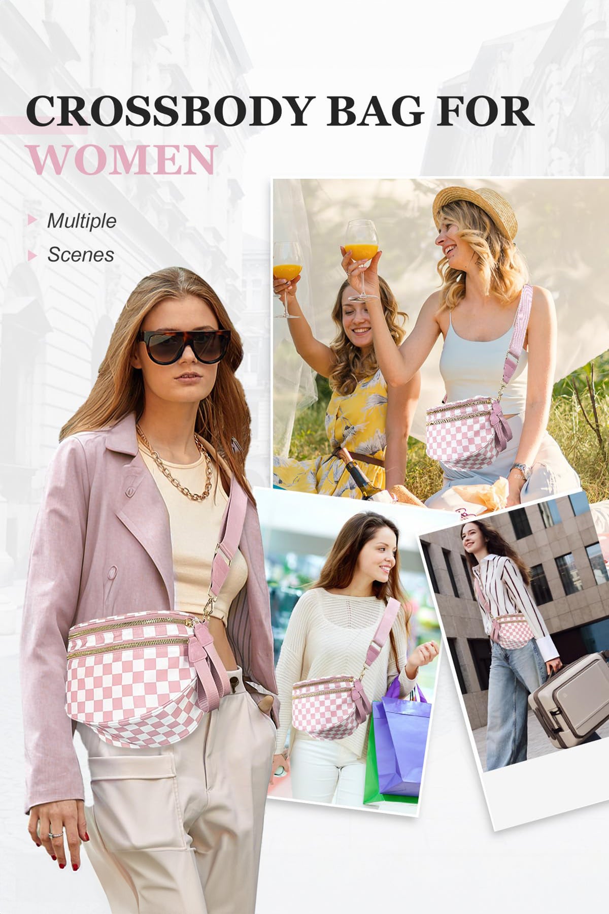 Phalaenopsis Checkered Print Wide Strap Large Crossbody Bag
