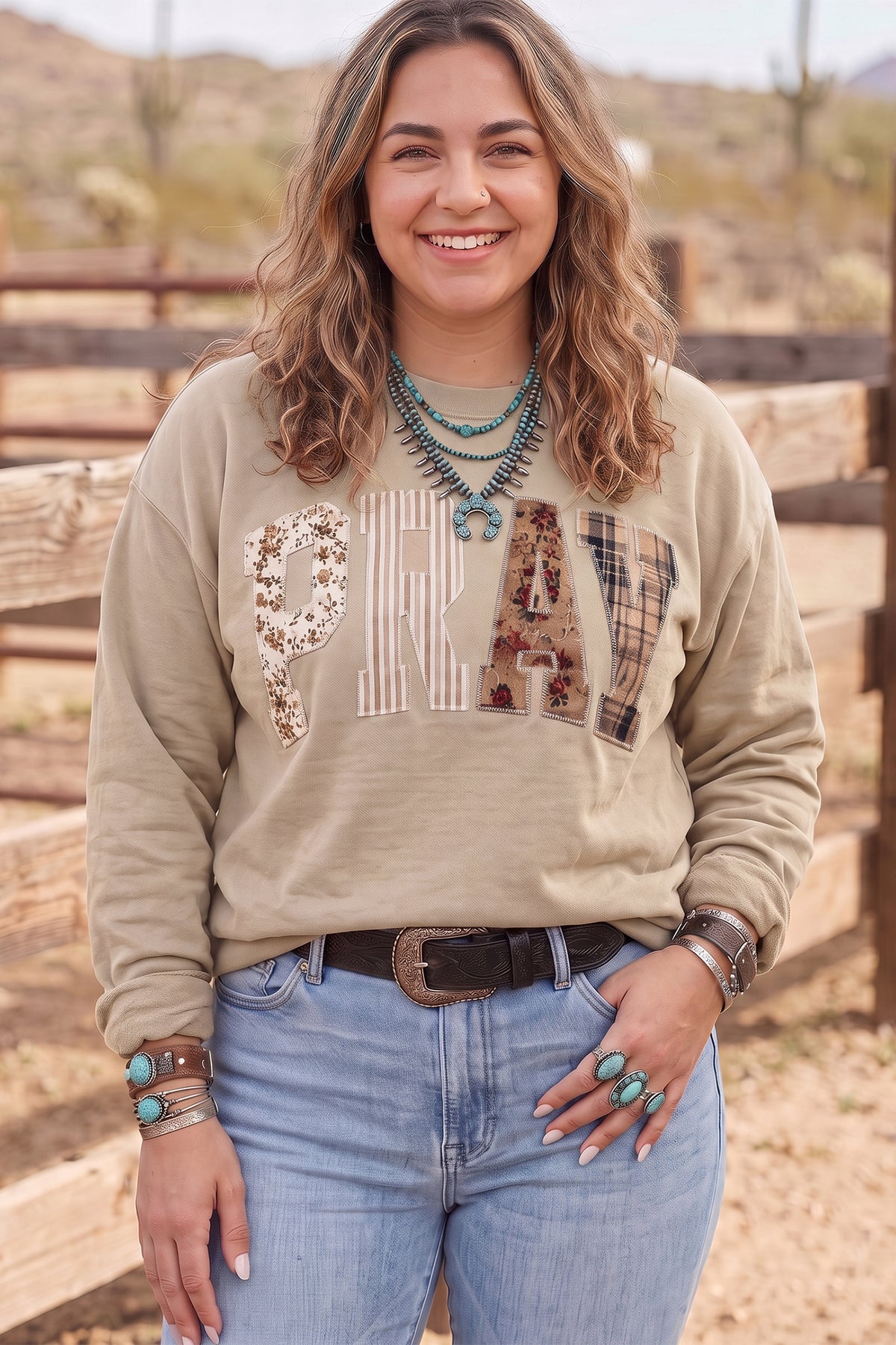 Gray Dear-Lover plus size sweatshirt with pray letter patchwork, round neck, long sleeves, and comfortable fit.