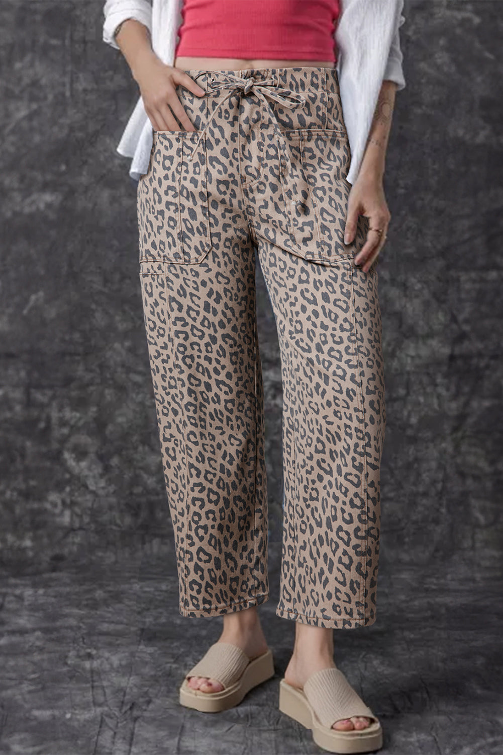 Leopard Drawstring Barrel Jeans