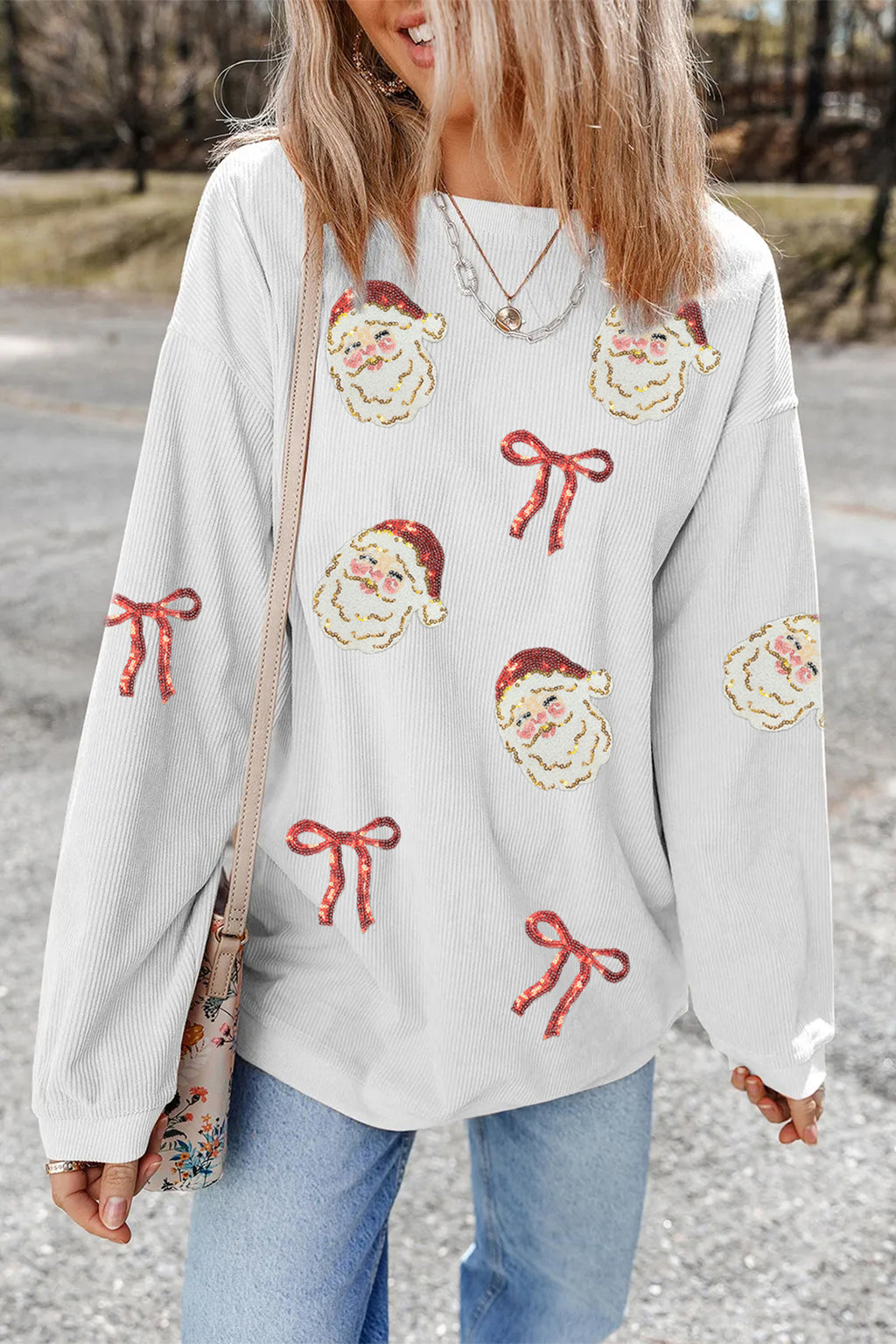 White Sequin Santa Bow Graphic Sweatshirt