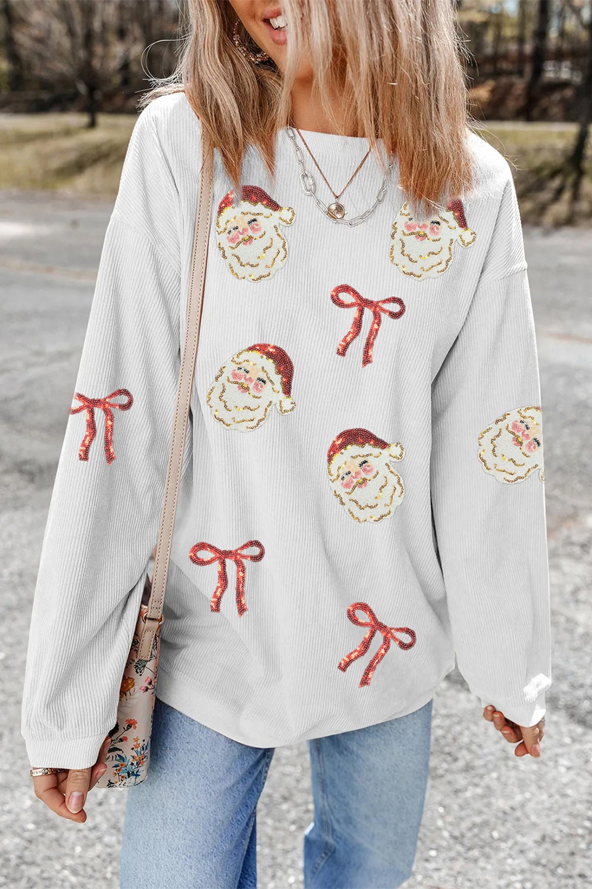 White Sequin Santa Bow Graphic Sweatshirt