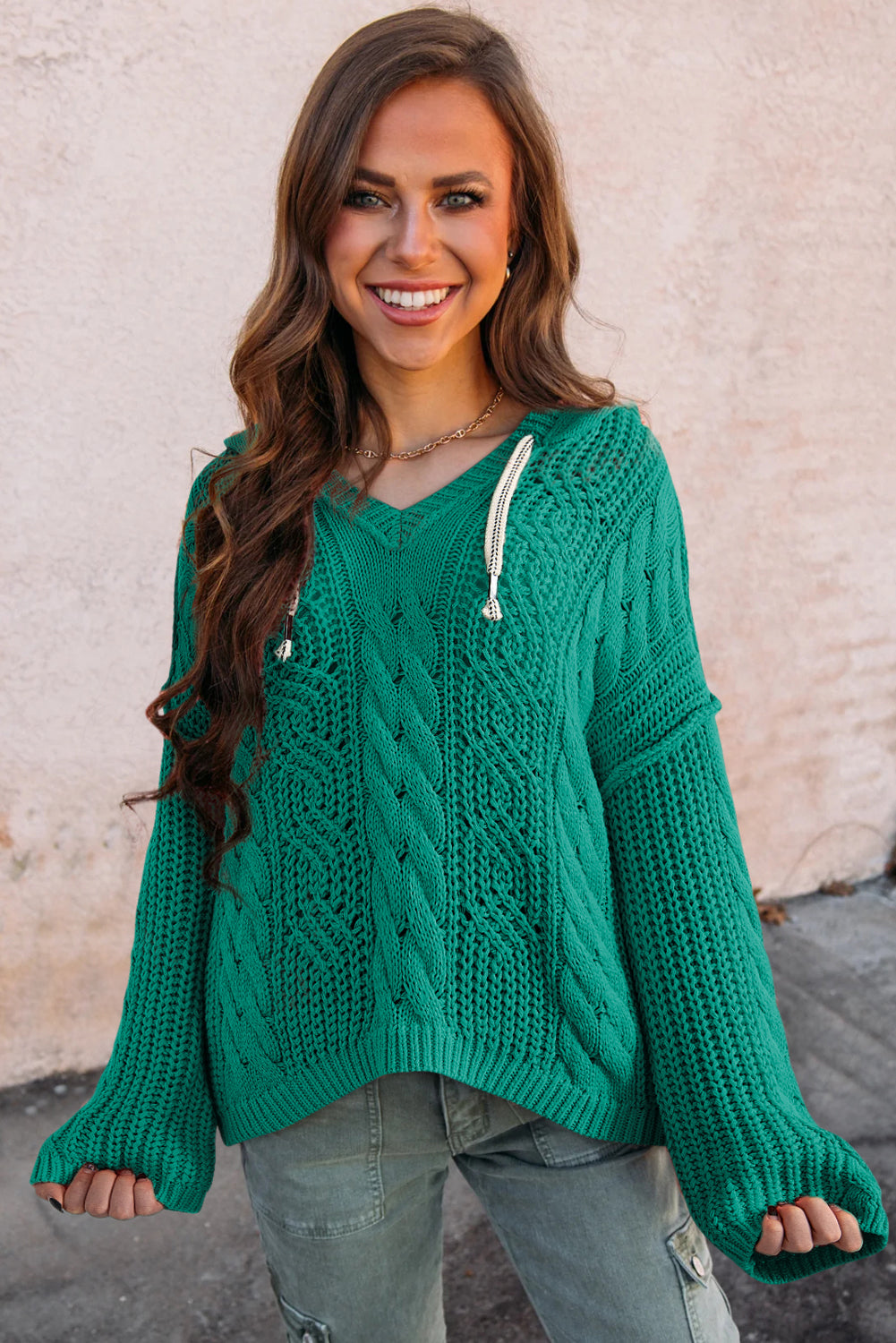 Sea Green Cable-Knit Hooded Sweater