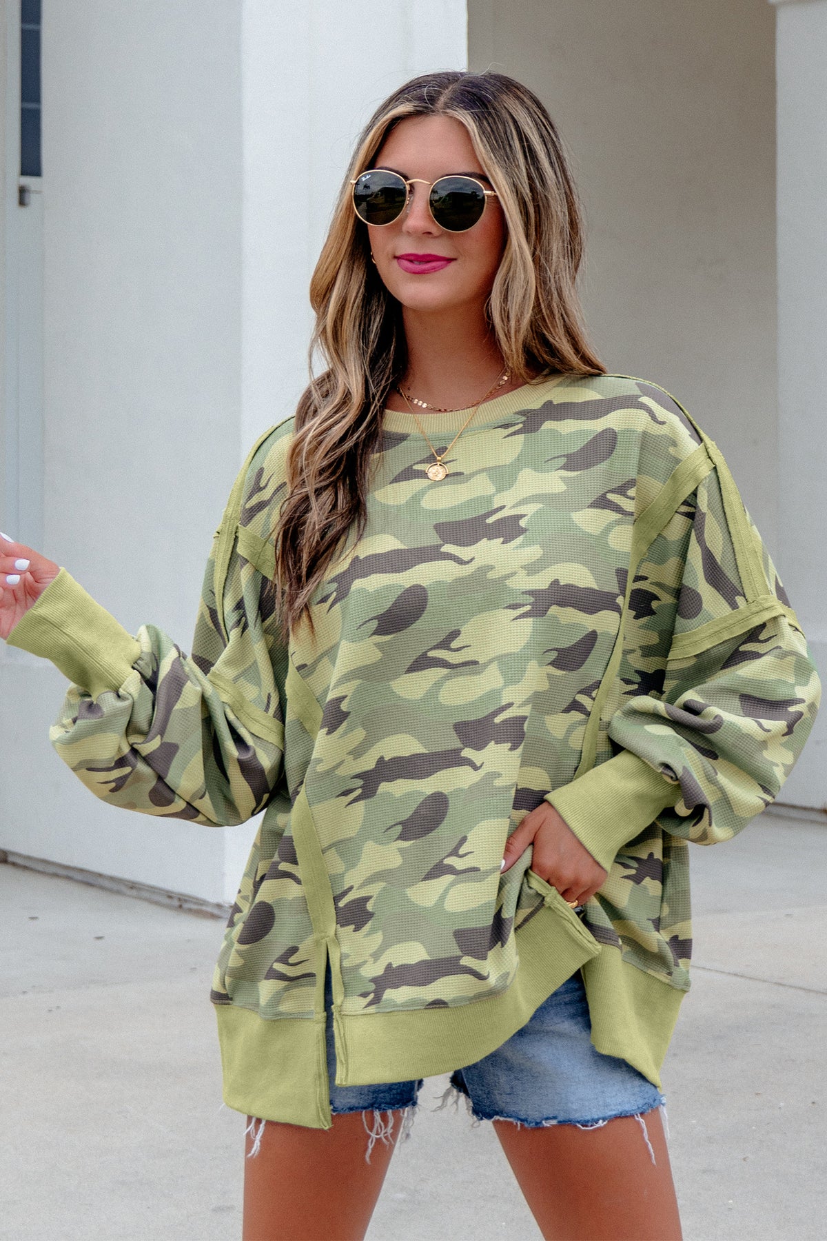 Green Camouflage Waffle Knit Raw Edge Contrast Trim Oversized Long-Sleeve Top
