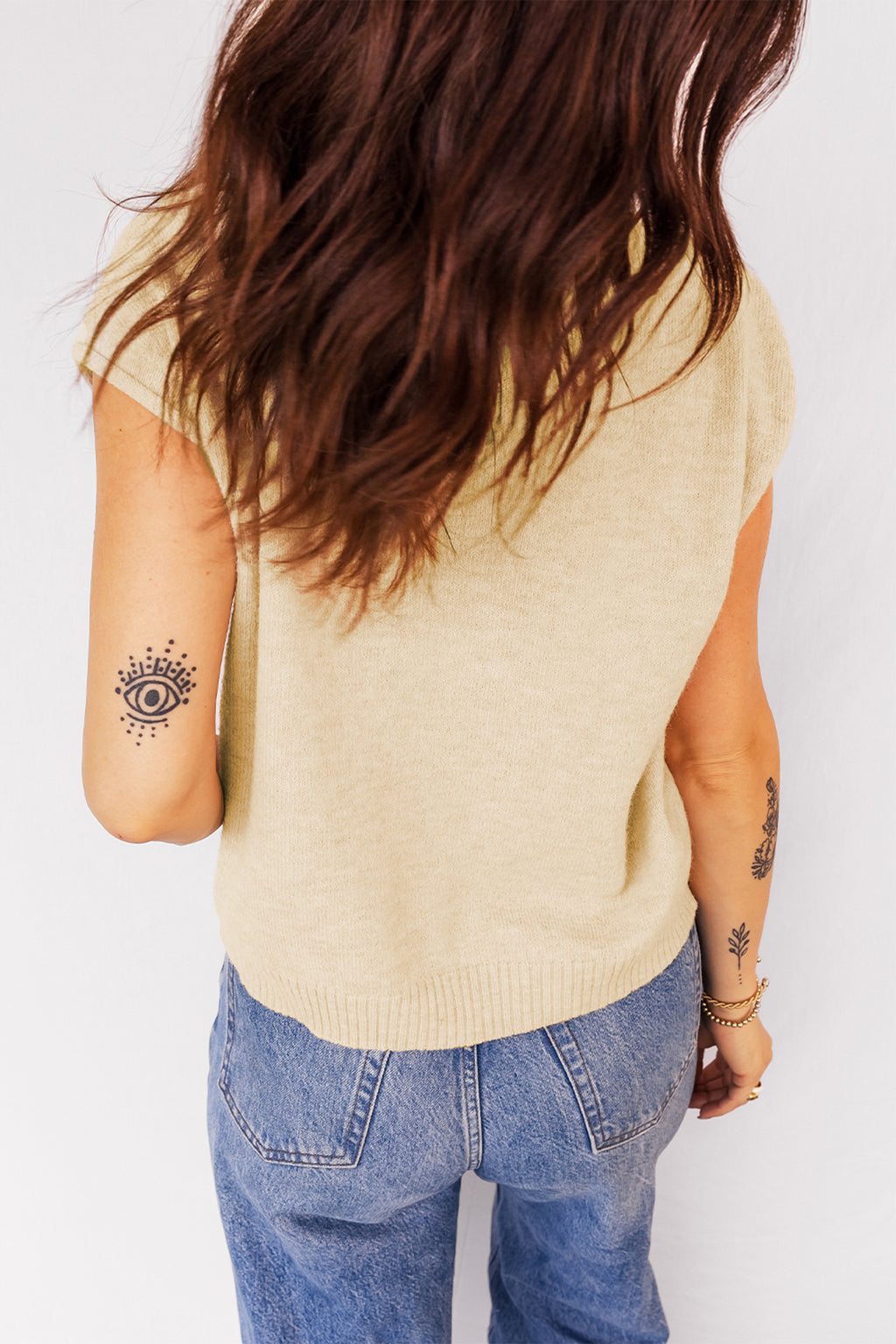 Apricot Sweater Top with Cap Sleeves & Buttons
