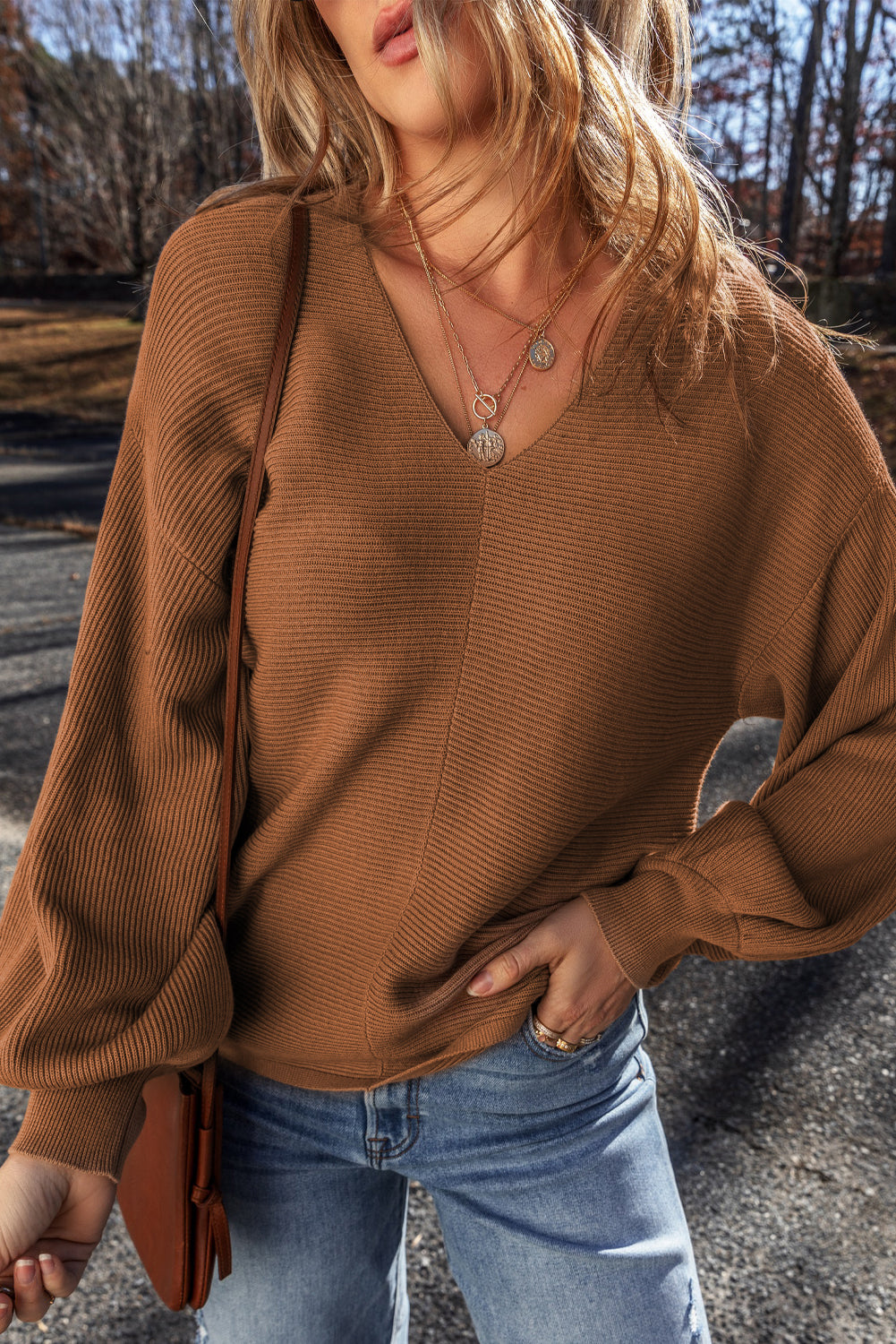 Camel Ribbed-Knit V-Neck Sweater
