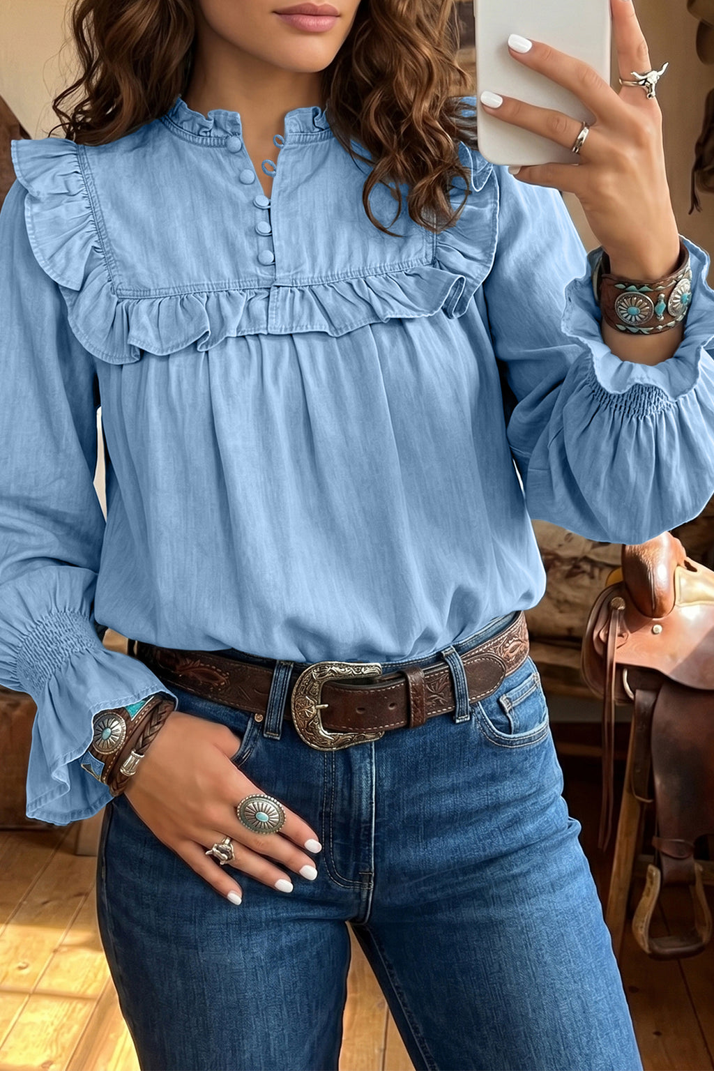 Beau Blue Western Ruffle V-Neck Long-Sleeve Chambray Blouse