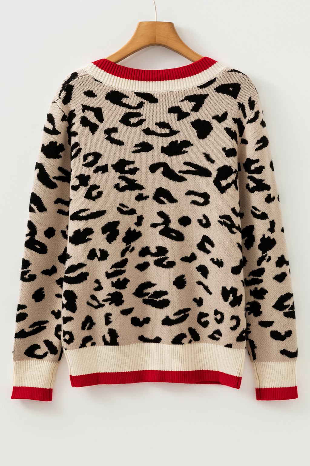Khaki Leopard Pattern V-Neck Contrast Rib Knitted Sweater