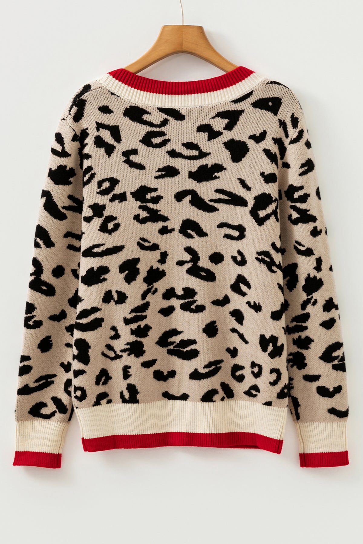 Khaki Leopard Pattern V-Neck Contrast Rib Knitted Sweater