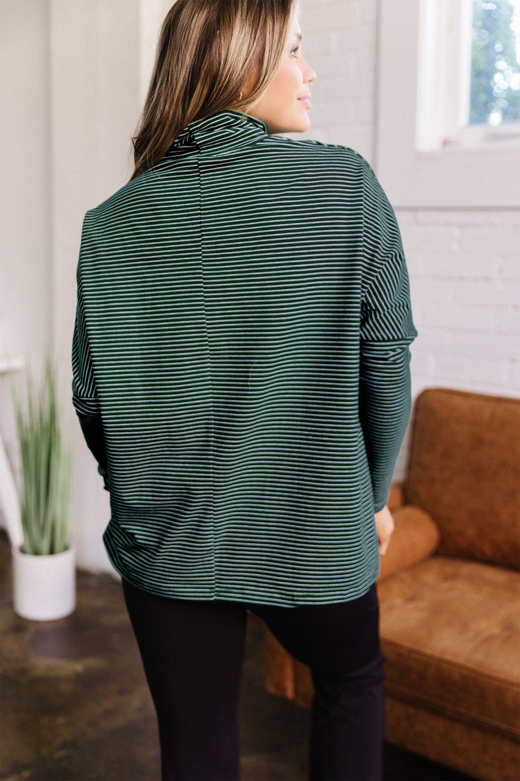 Green Stripe High Neck Long Sleeve Casual Top