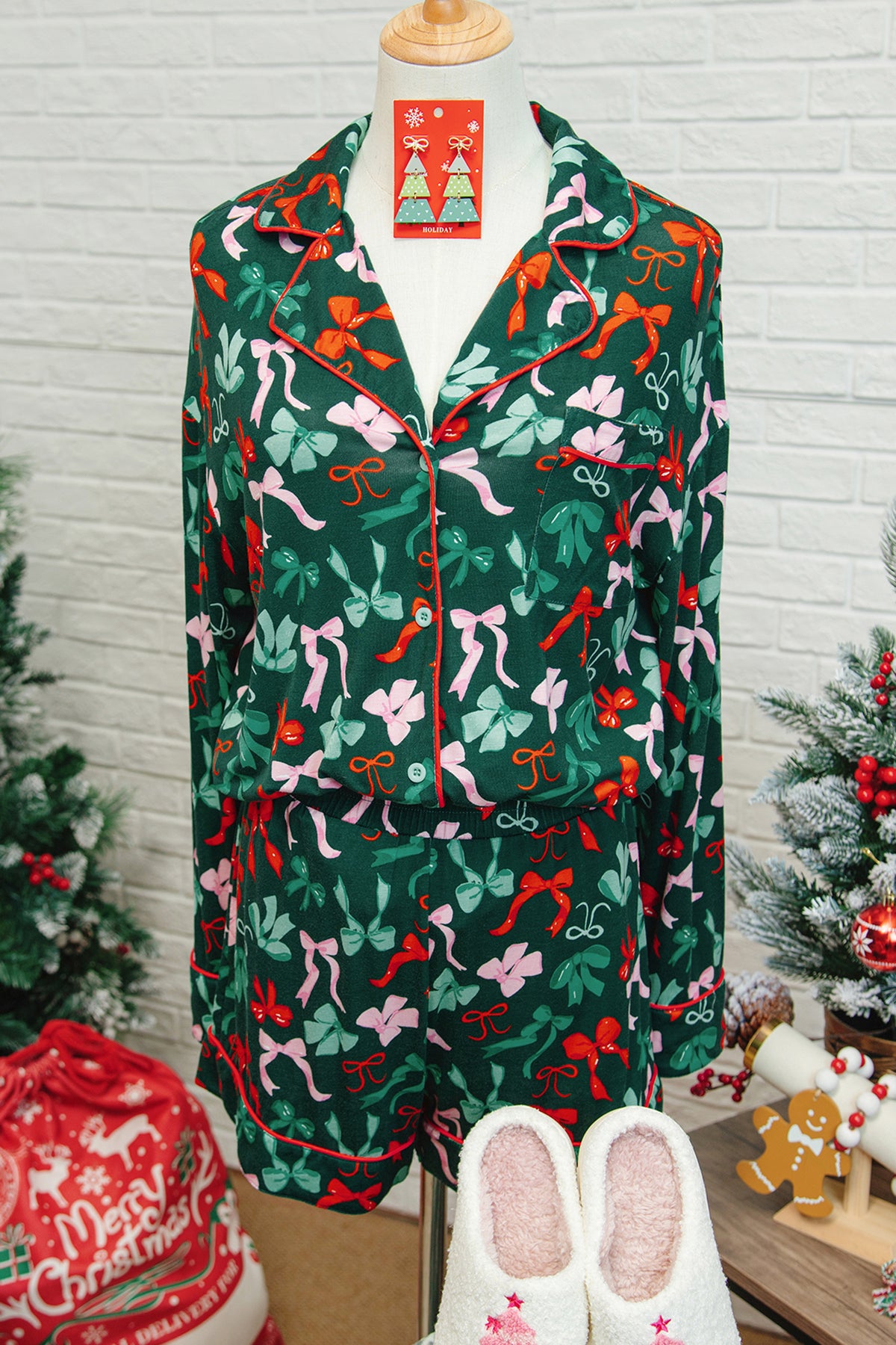 Green Festive Bow Pajama Set