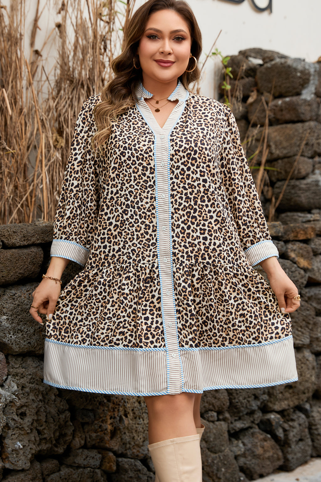 Khaki Plus Size Leopard Print Striped Trim V Neck Drop Waist Long Sleeve Mini Dress