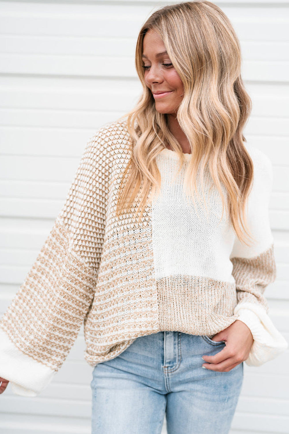 Oatmeal Mixed-Pattern Tie-Keyhole Sweater