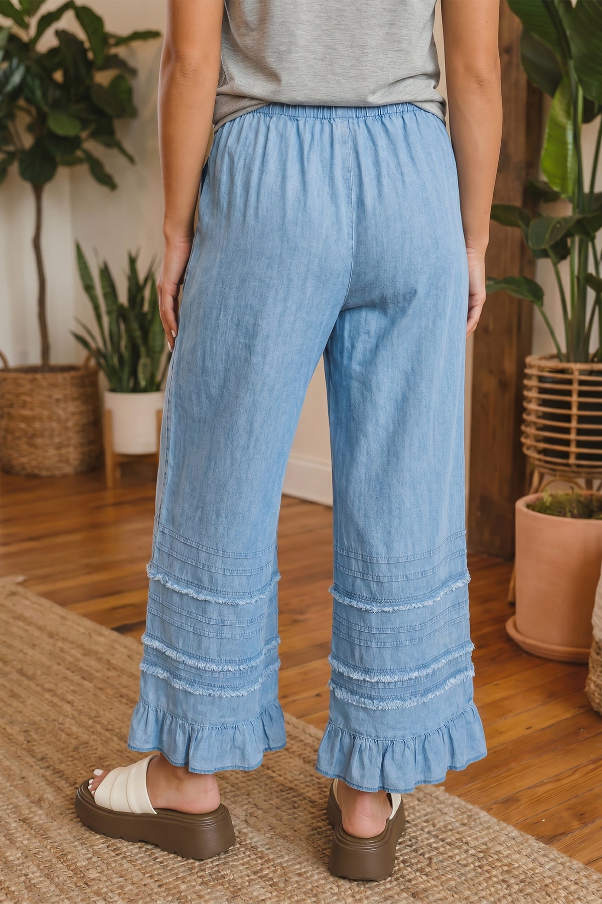 Dusk blue cotton chambray wide leg pants with ruffled hem, casual and stylish bottoms from Dear-Lover.