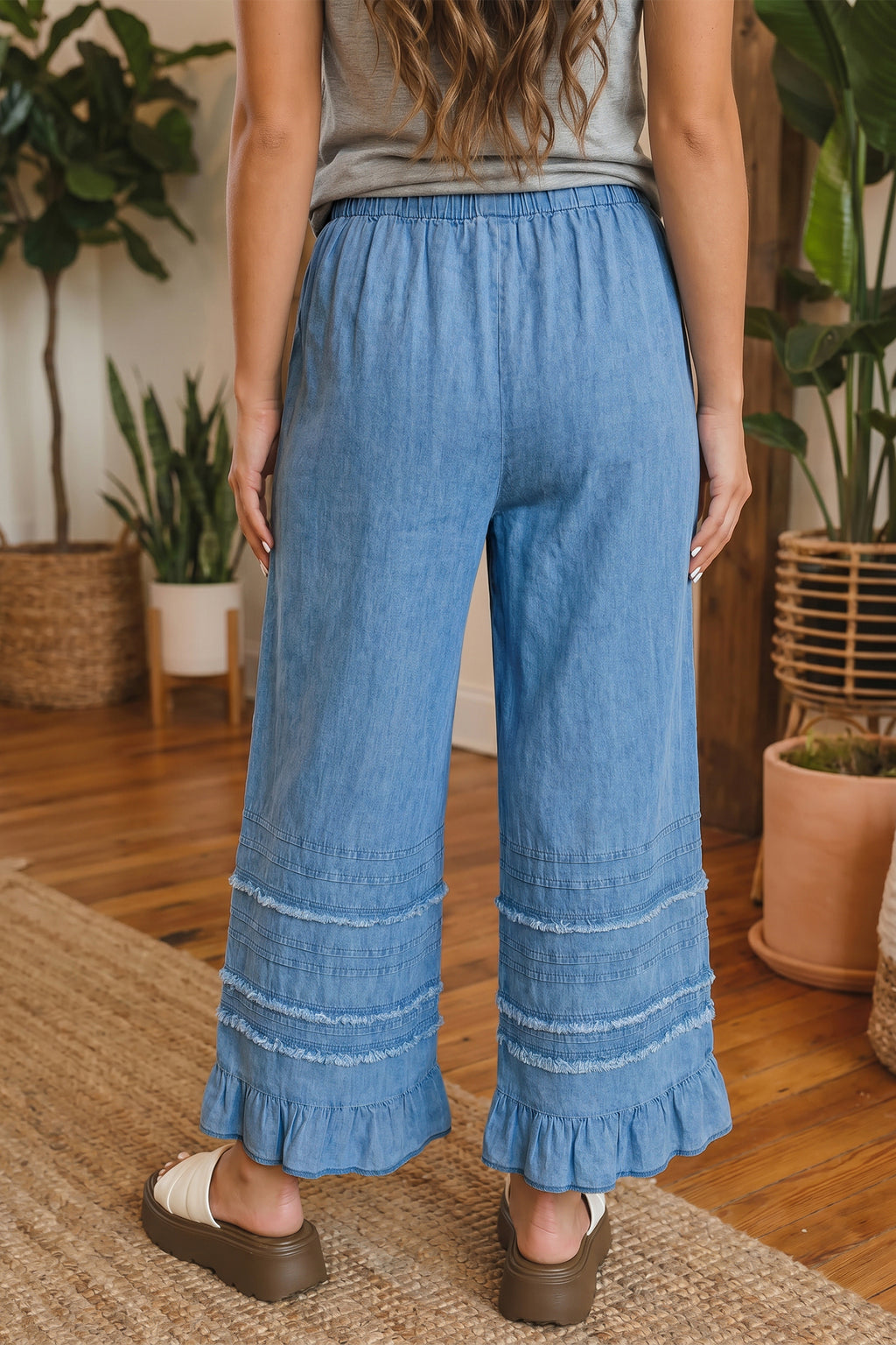 Dusk blue cotton chambray wide-leg pants with ruffled hem, stylish casual bottoms by Dear-Lover.