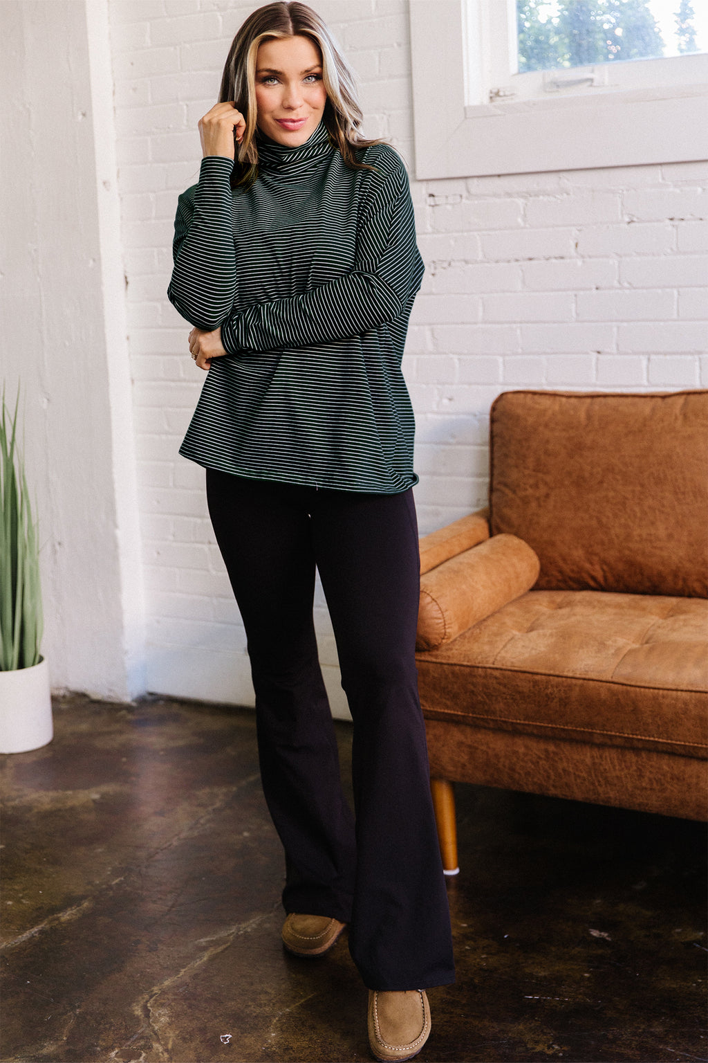 Green Stripe High Neck Long Sleeve Casual Top