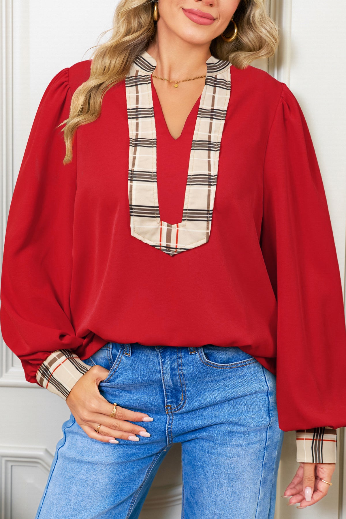 Racing Red Plaid Patchwork Blouse