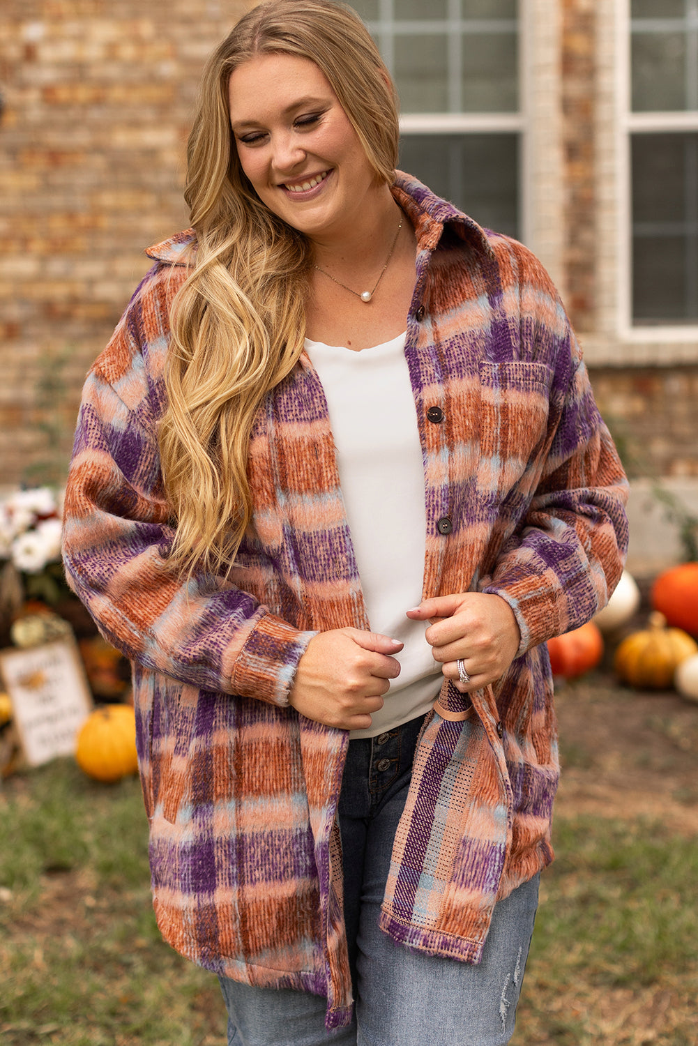 Multicolour plus size plaid print collared button-up jacket by Dear-Lover, featuring a stylish oversized fit and vibrant pattern.