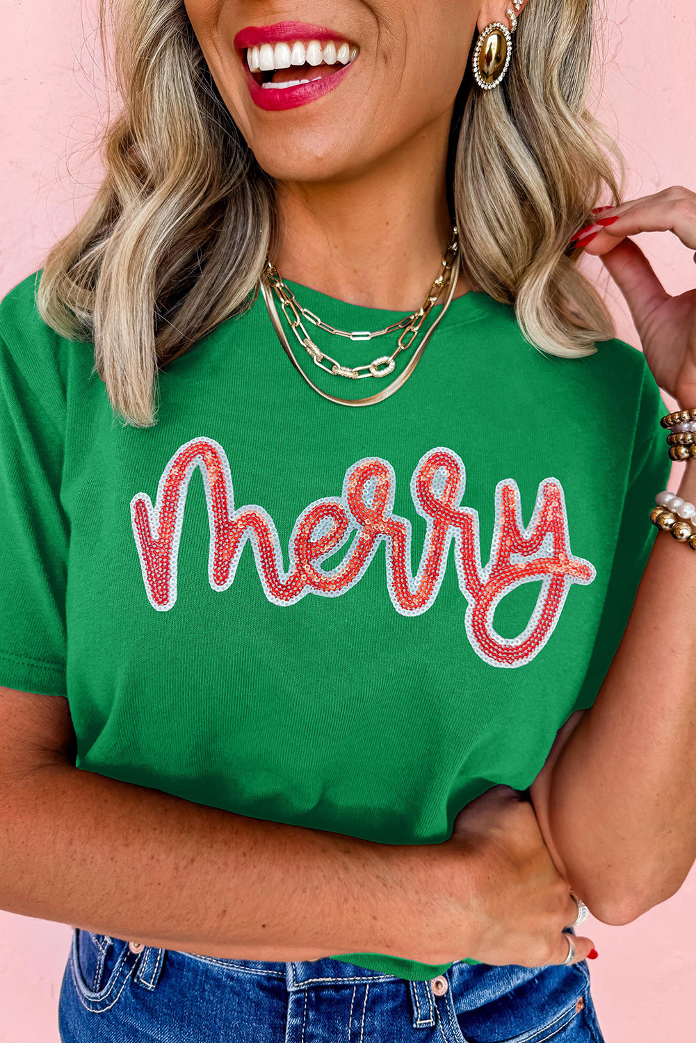 Bright Green merry Sequin Graphic Tee