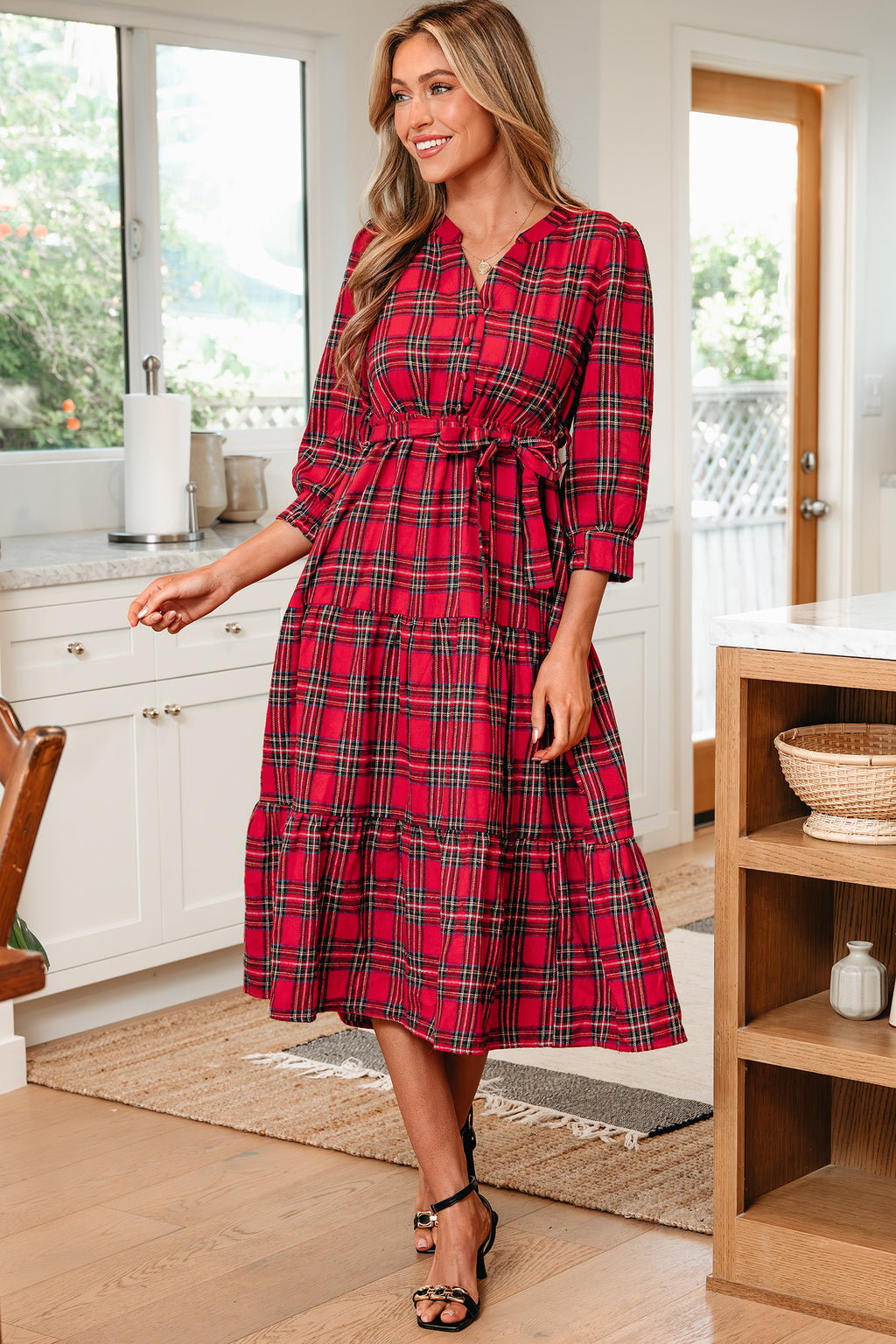 Red Christmas Plaid Tie-Waist Long Dress