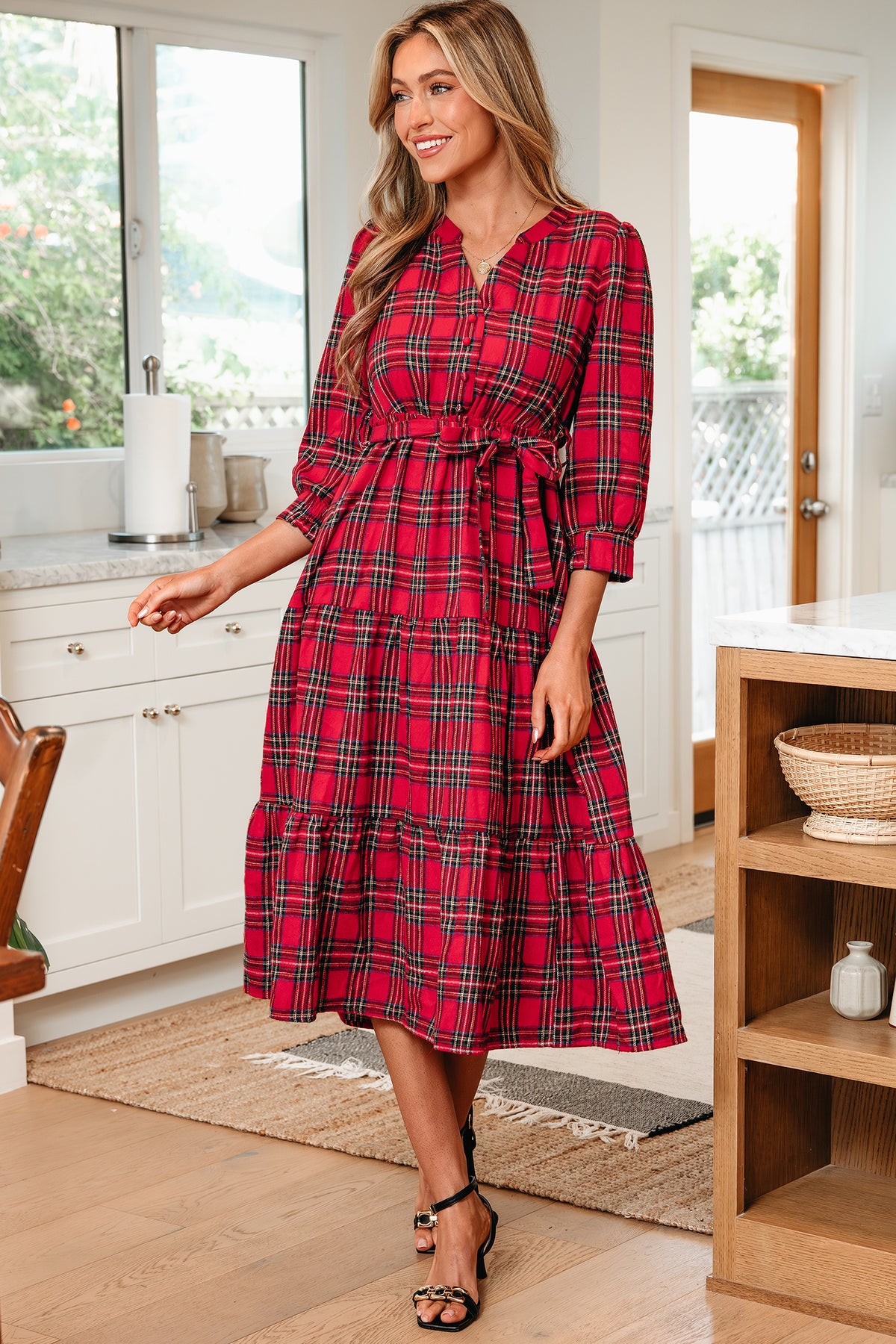 Red Christmas Plaid Tie-Waist Long Dress