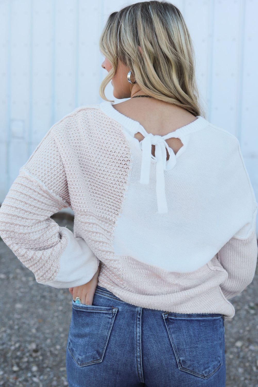 Oatmeal Mixed-Pattern Tie-Keyhole Sweater