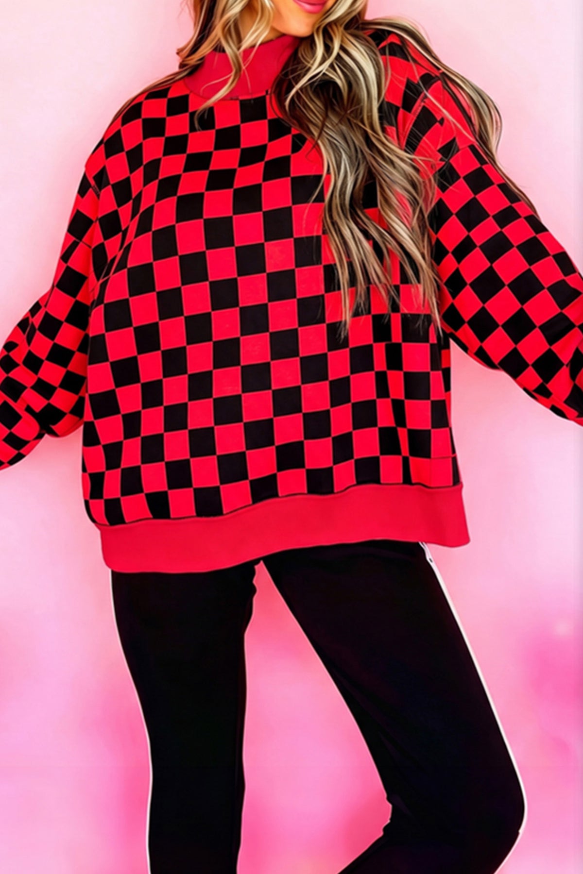 Black checkered print high neck baggy sweatshirt by Dear-Lover, featuring a cozy, oversized fit and stylish pattern.