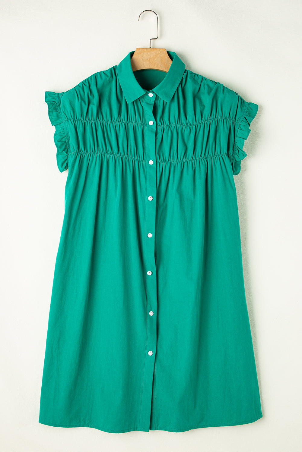 Bright green Dear-Lover short dress with shirred ruffle sleeves and button-up front, perfect for casual or summer wear.