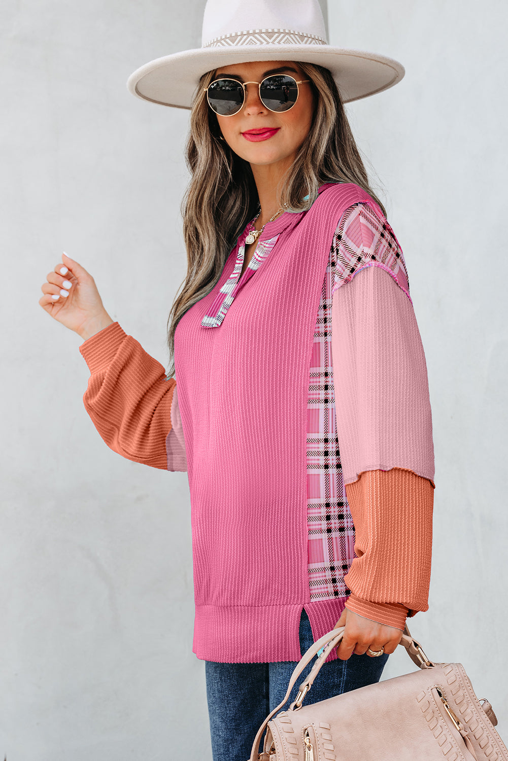 Textured Plaid Color Block Patchwork Long Sleeve Top