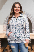 Multicolour Plus Camouflage Print Quarter Zip Kangaroo Pocket Pullover Sweatshirt