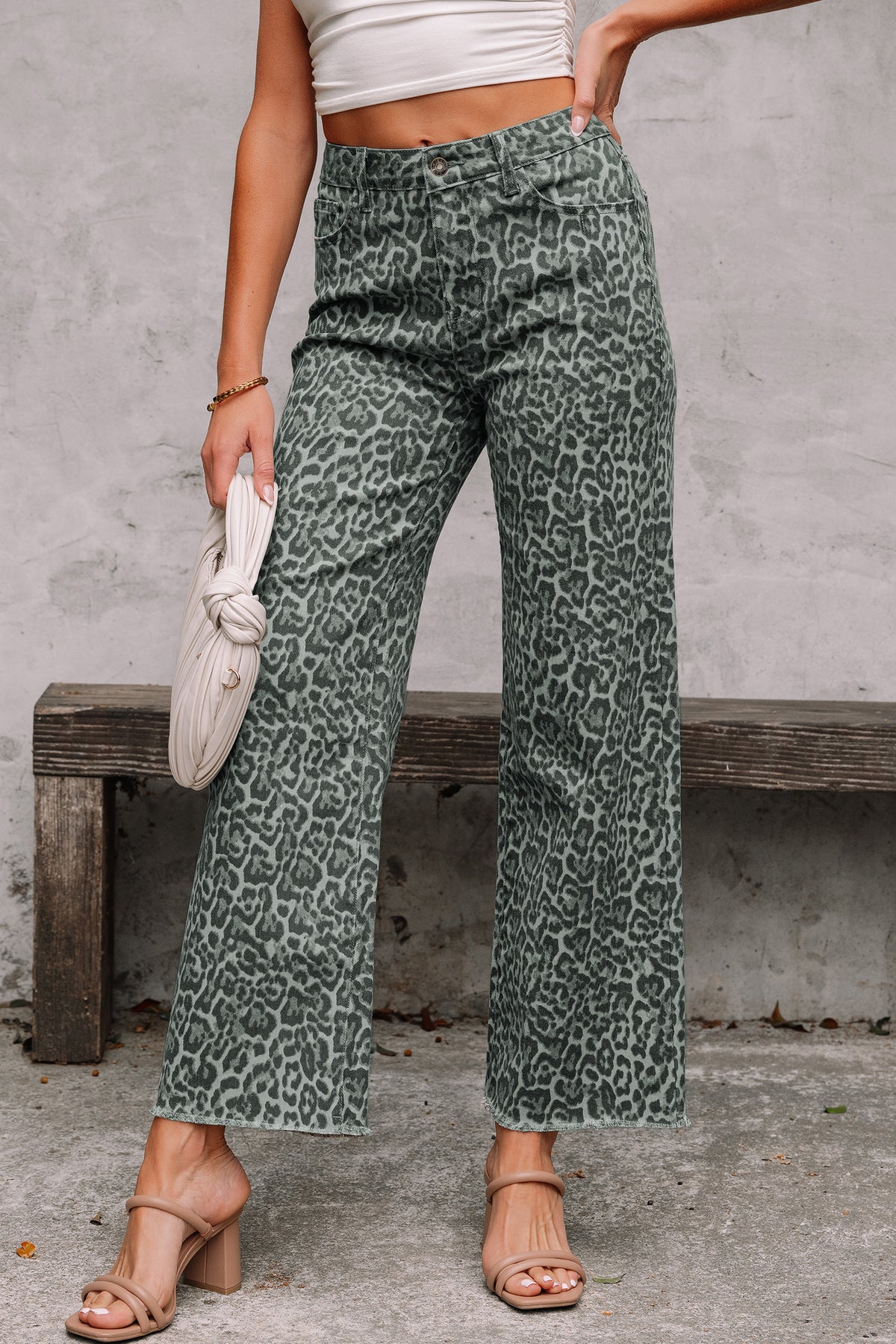 Leopard Frayed Wide-Leg Jeans