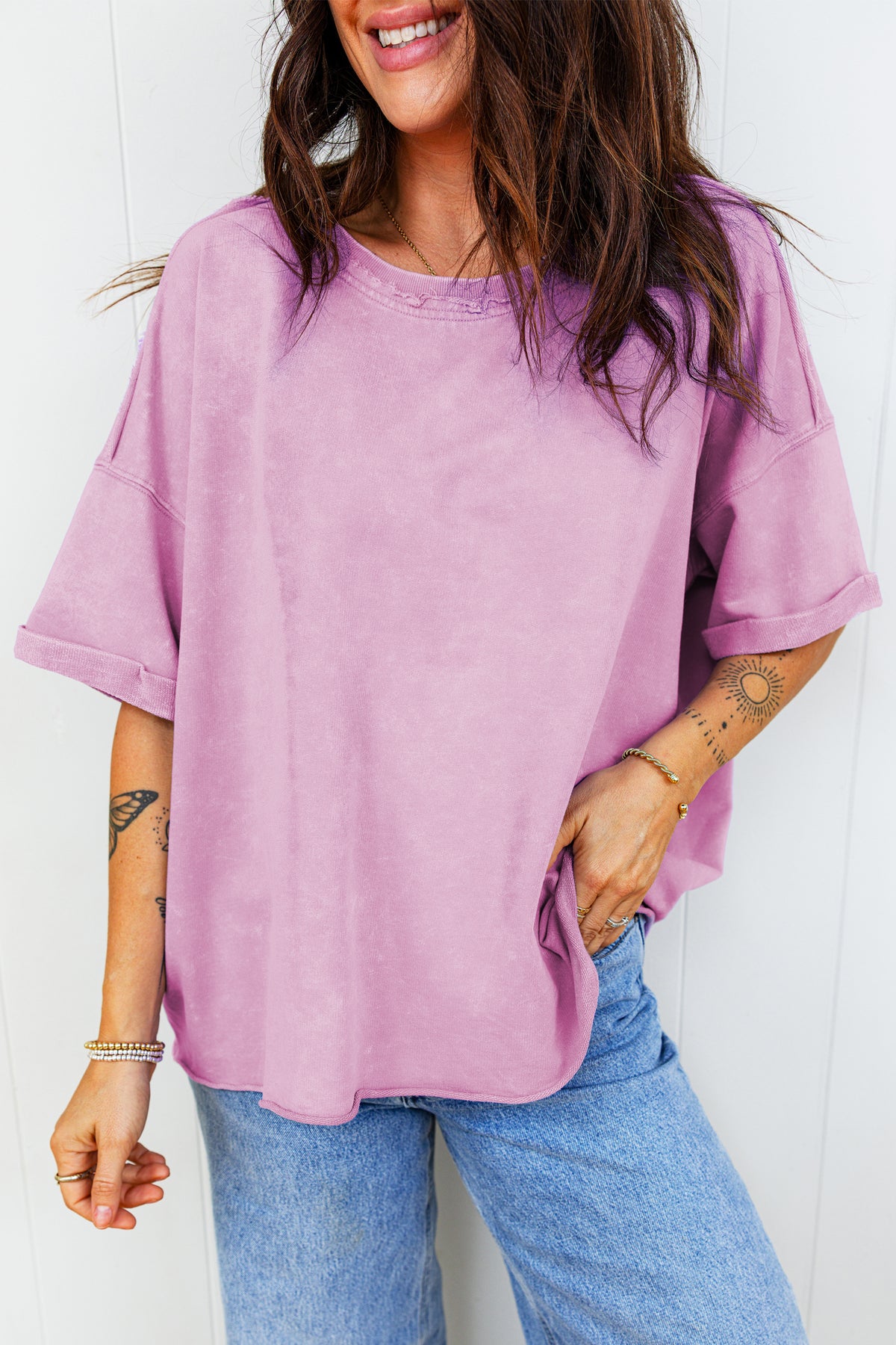 Lavendula 100% Cotton Mineral Wash Drop Shoulder Raw Edge Loose Tee