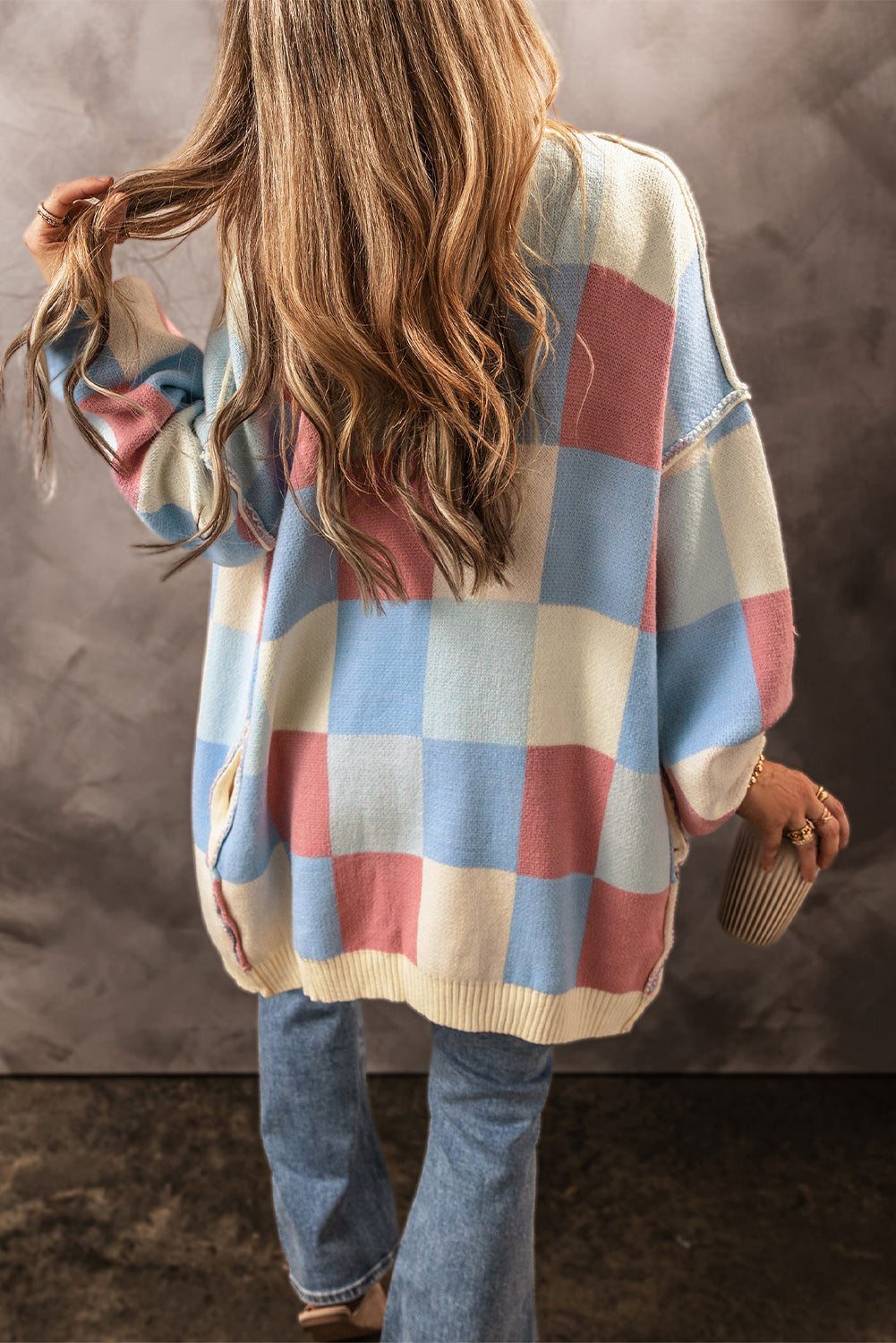 Light Blue Checkered Open-Front Cardigan