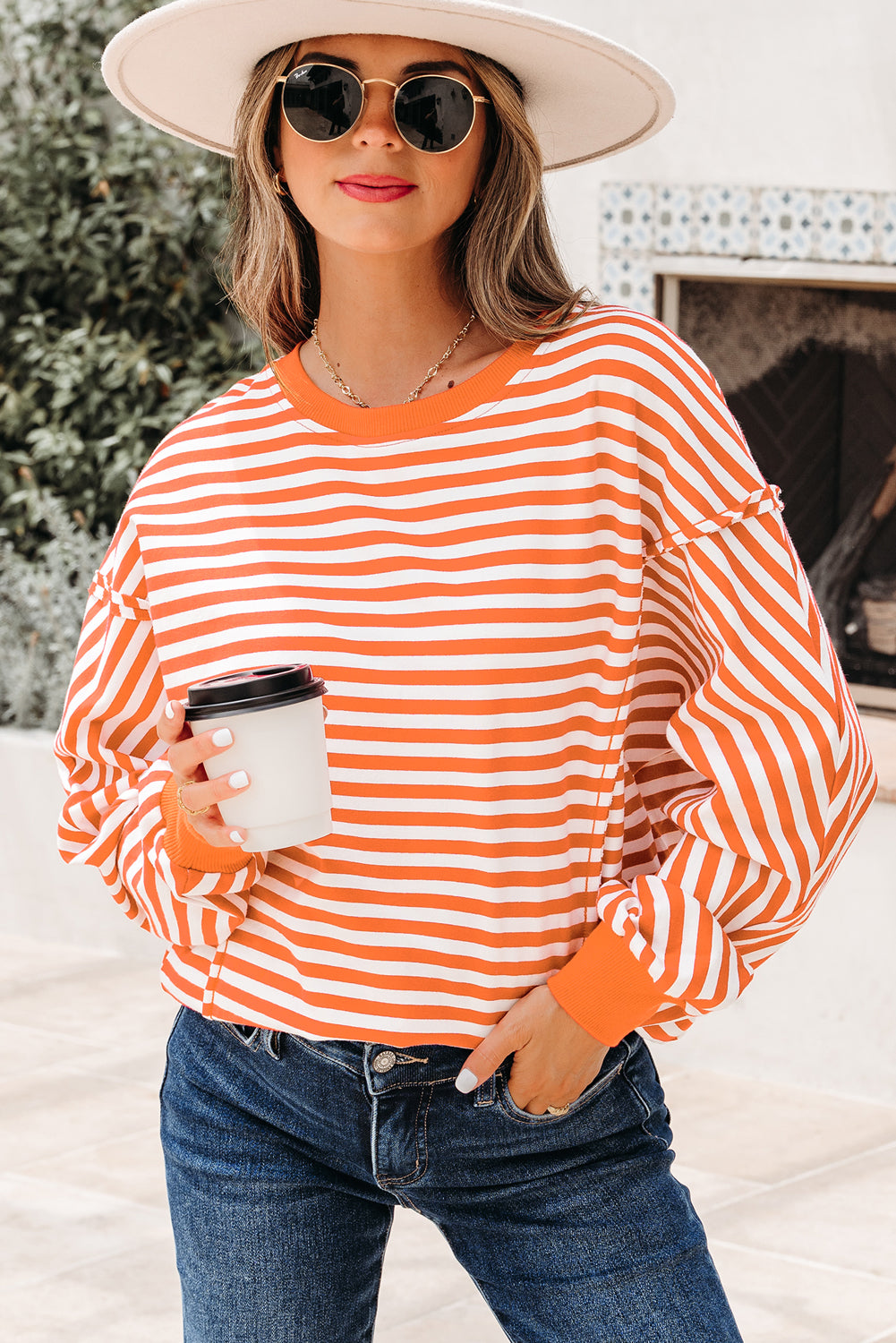 Orange Stripe Drop-Shoulder Top