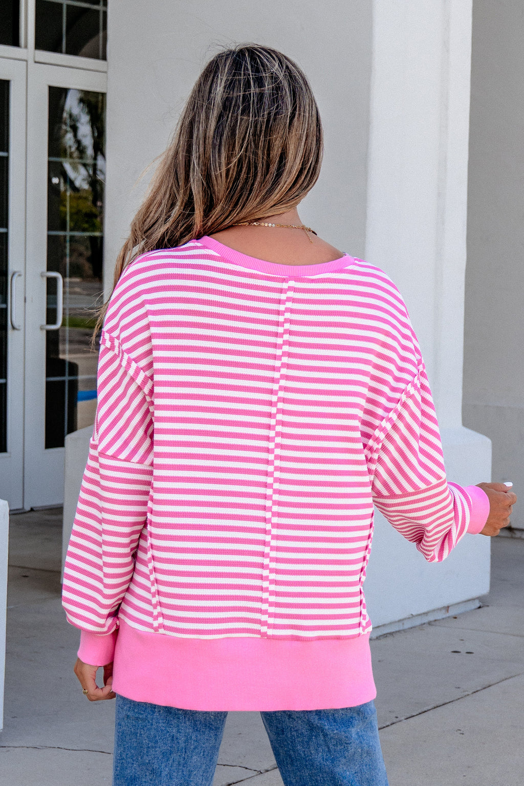 Pink Stripe Textured Knit Colorblock Trim Split Hem Long-Sleeve Top