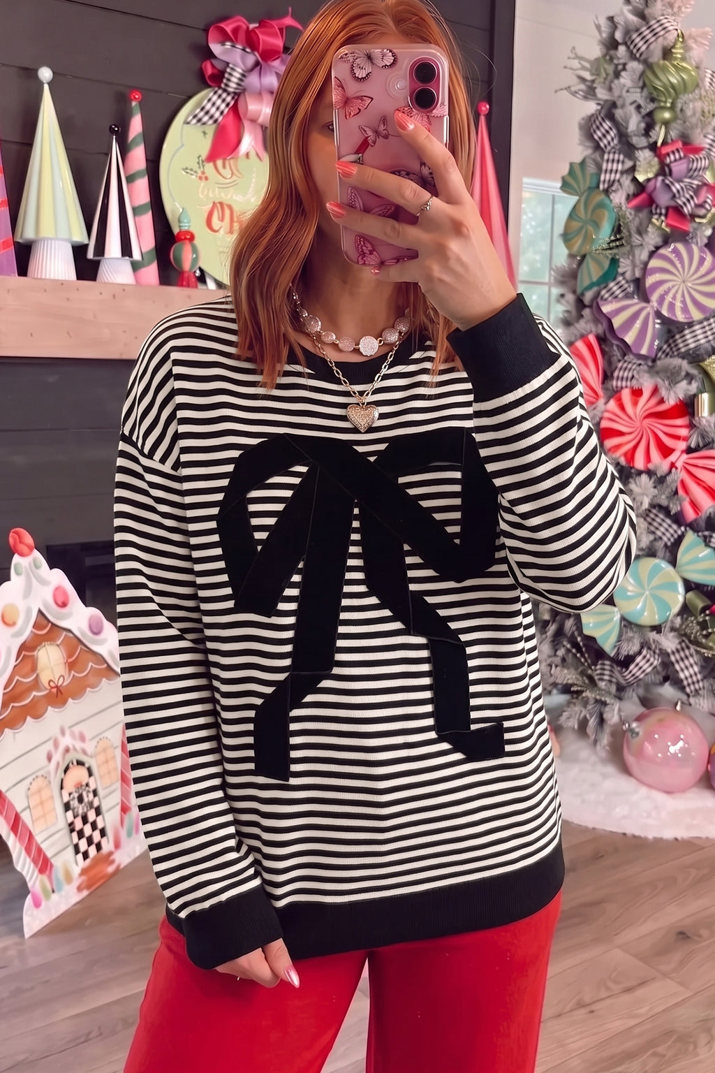 Black Stripe Velvet Bow Drop-Shoulder Relaxed Sweatshirt