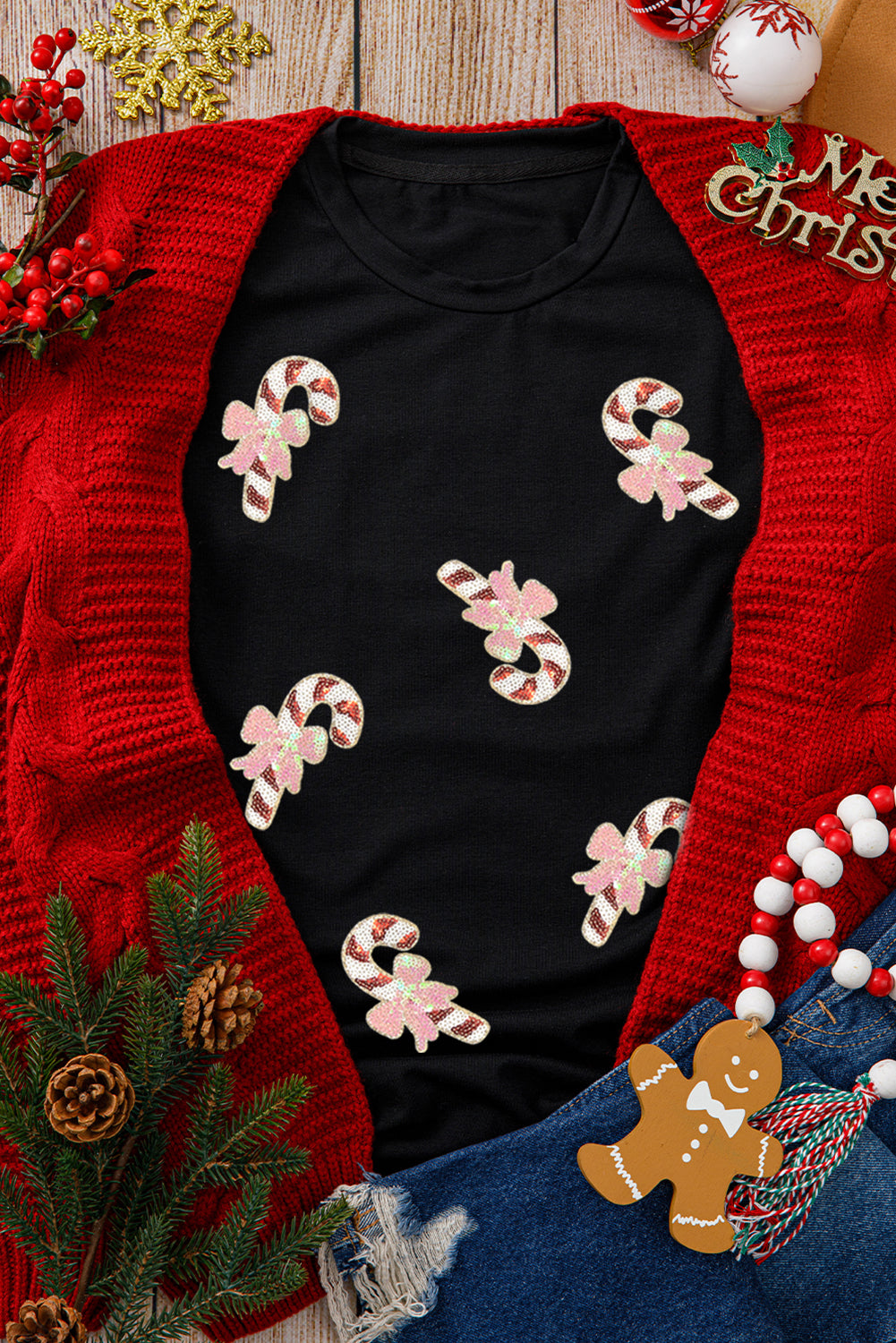 Black Sequin Candy Cane Holiday Tee