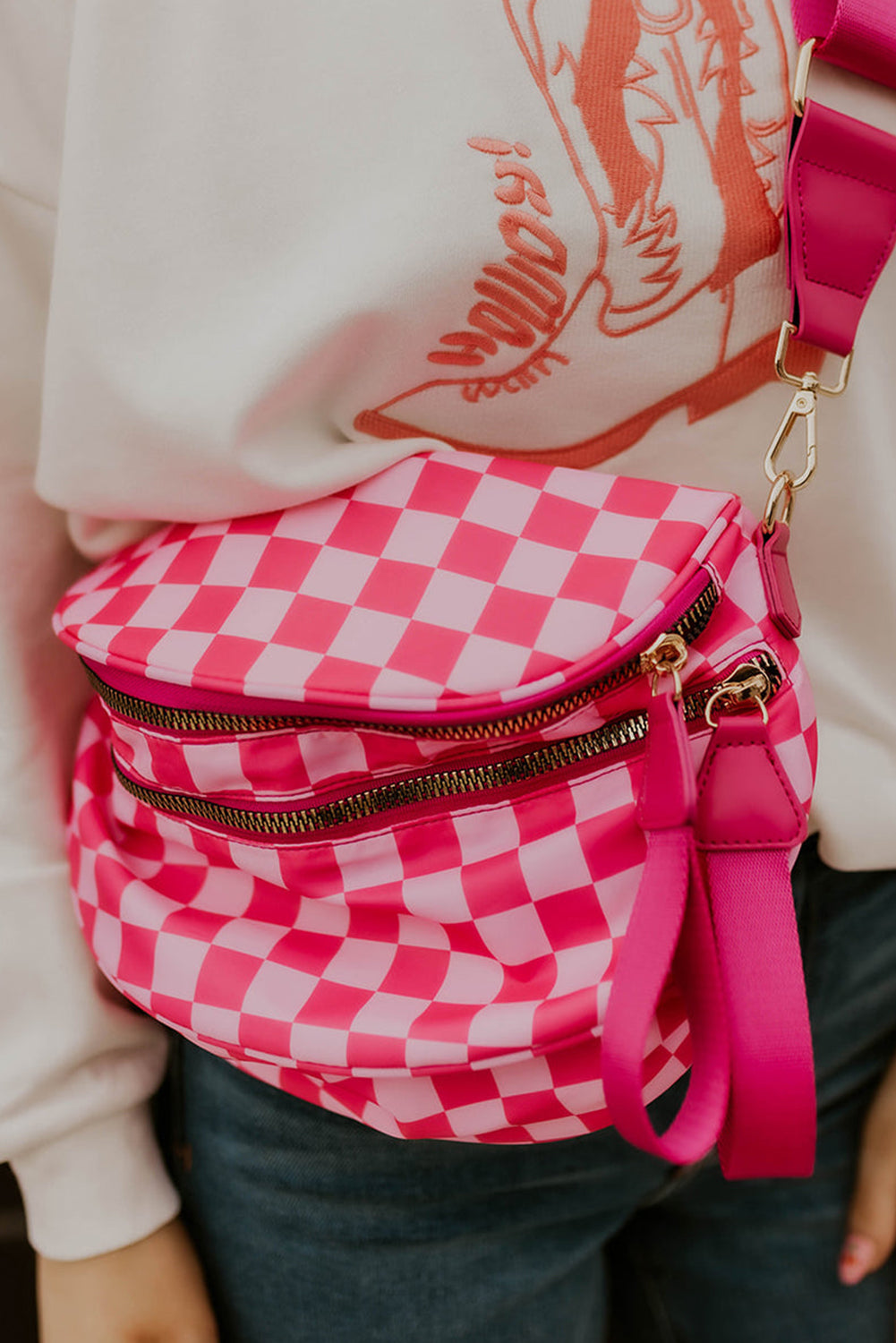 Phalaenopsis Checkered Print Wide Strap Large Crossbody Bag