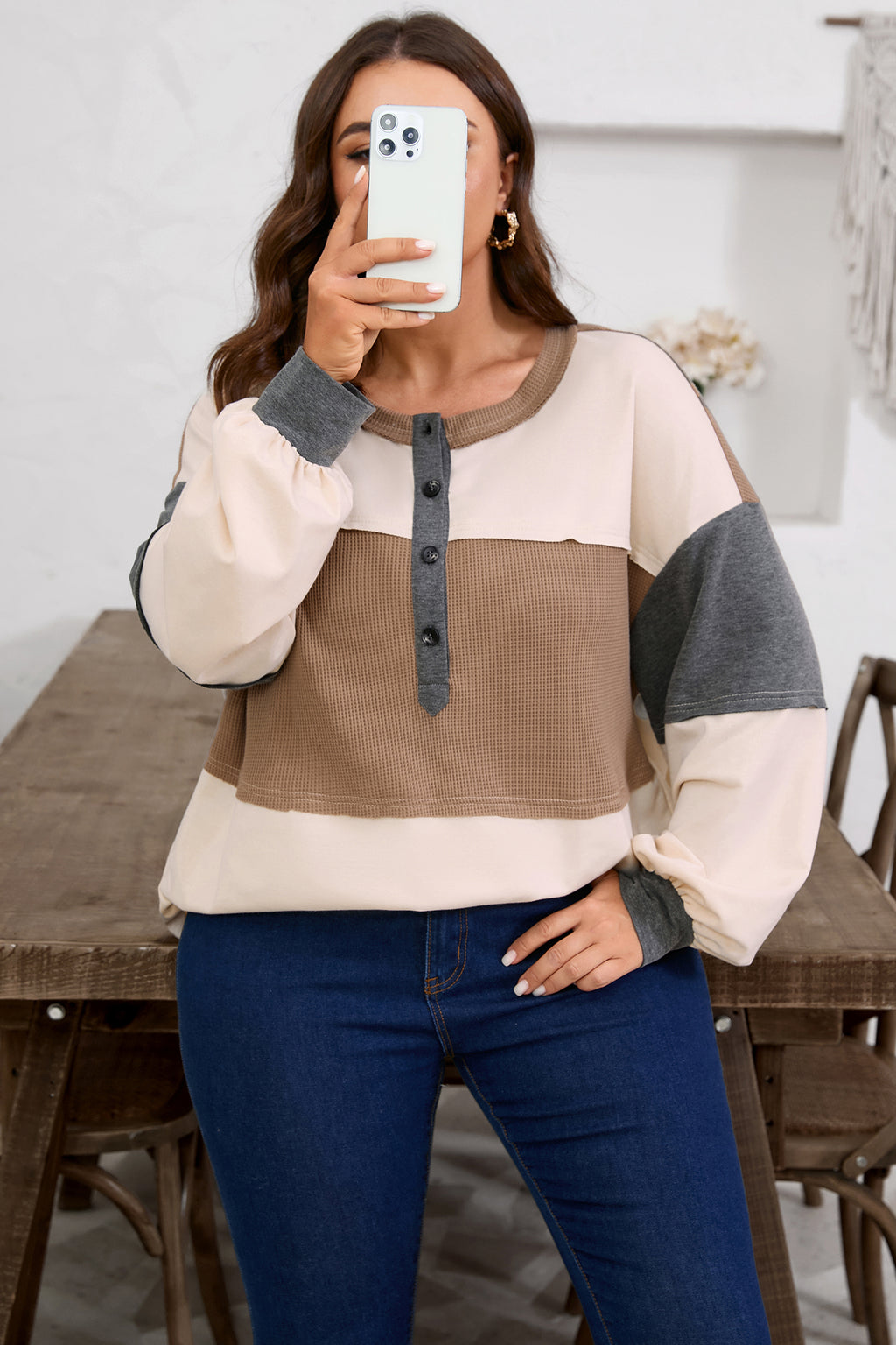 Jet Stream Waffle Patchwork Colorblock Half Buttons Casual Plus Size Knit Jumper